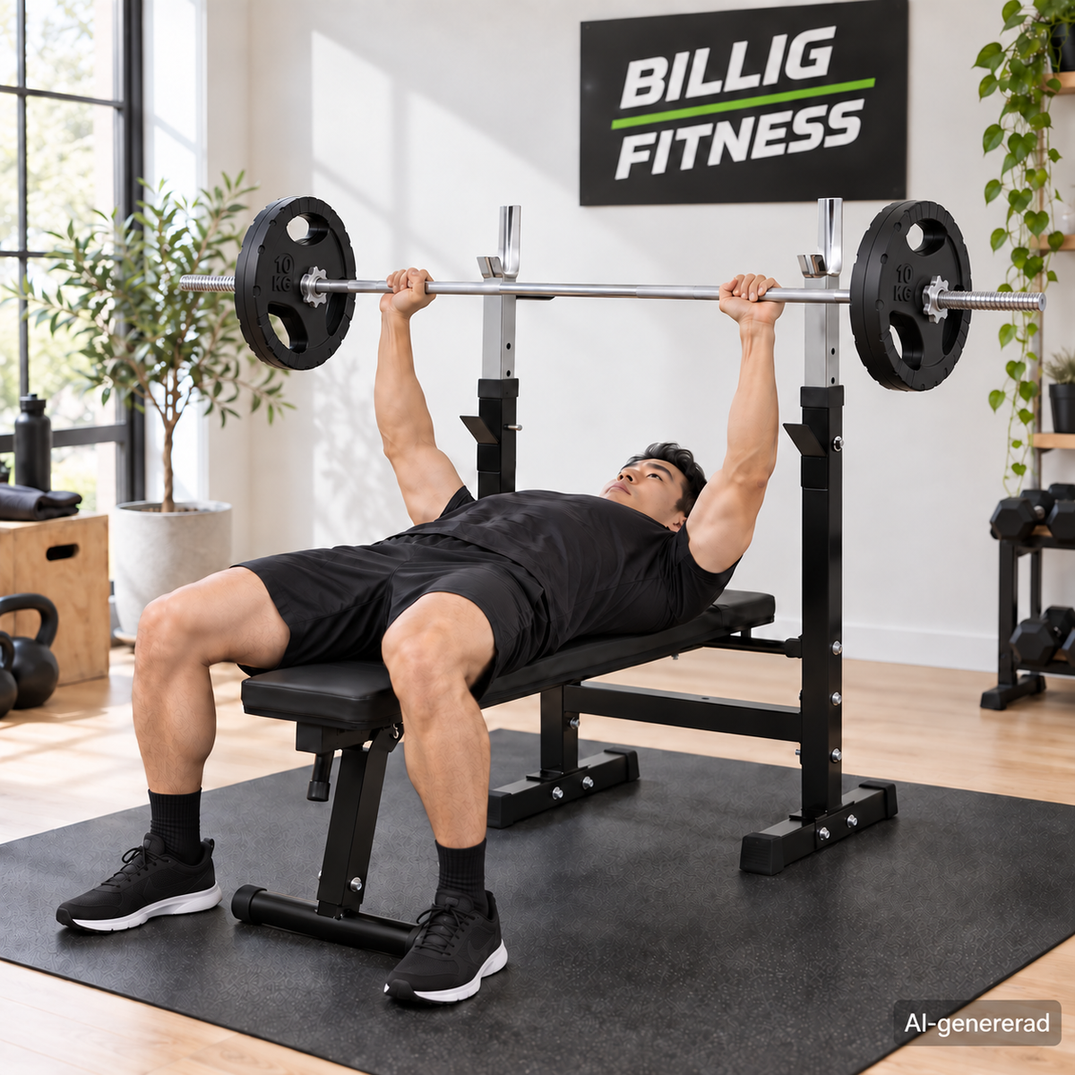 Träningsbänk med viktset cirka 100 kg – 30 mm