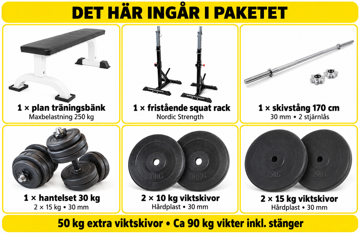 Hemgympaket med träningsbänk, squat rack och ca 90 kg vikter – 30 mm