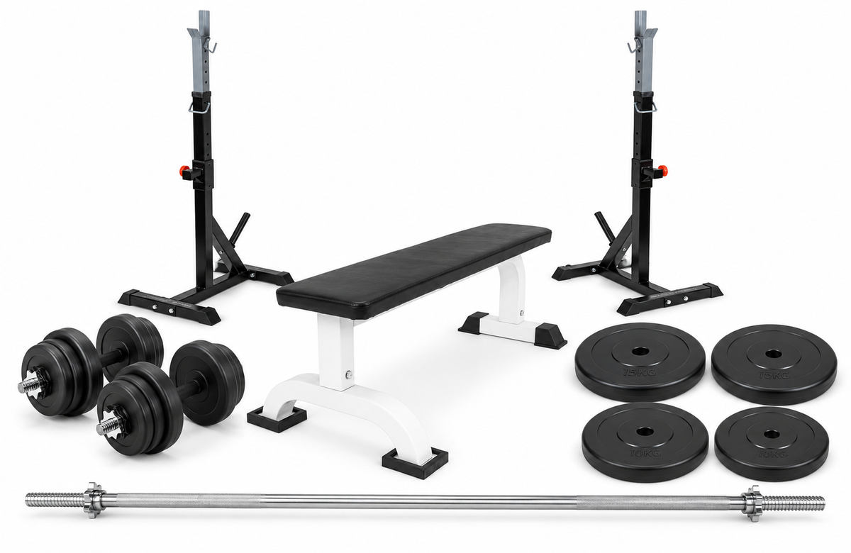 Hemgympaket med träningsbänk, squat rack och ca 90 kg vikter – 30 mm