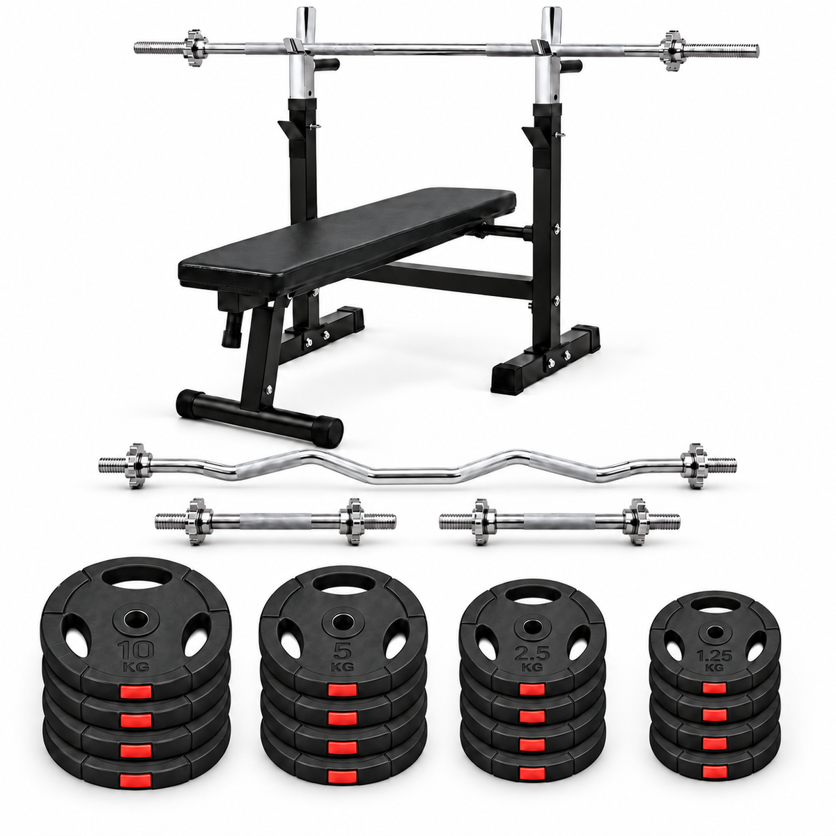 Träningsbänk med viktset cirka 100 kg – 30 mm