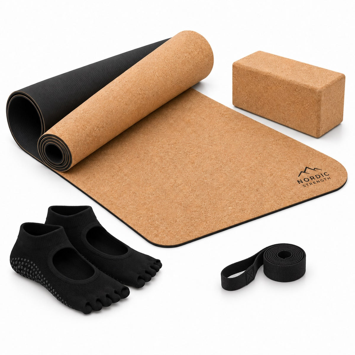 Yoga startpaket i kork med matta, block och tillbehör