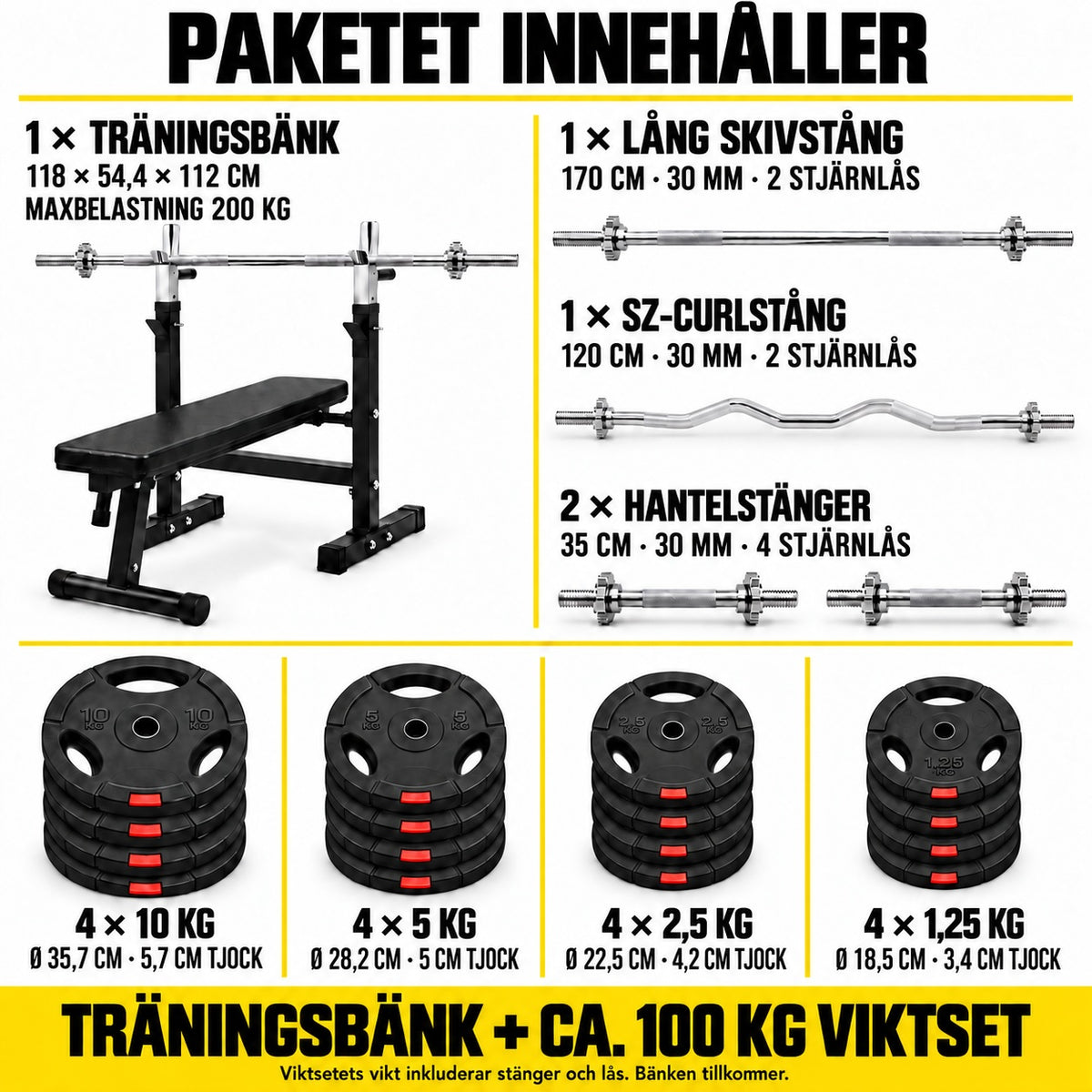 Träningsbänk med viktset cirka 100 kg – 30 mm