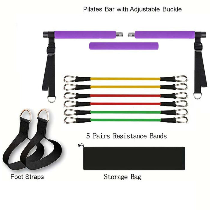 Pilates bar med justerbara remmar och 6 elastiska band
