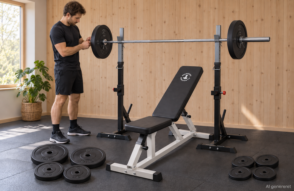 Hemgympaket med träningsbänk, squat rack och 60 kg viktskivor – 30 mm