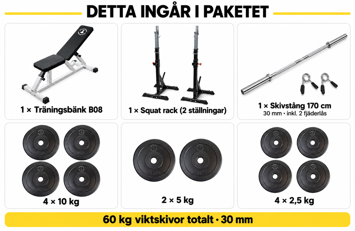 Hemgympaket med träningsbänk, squat rack och 60 kg viktskivor – 30 mm