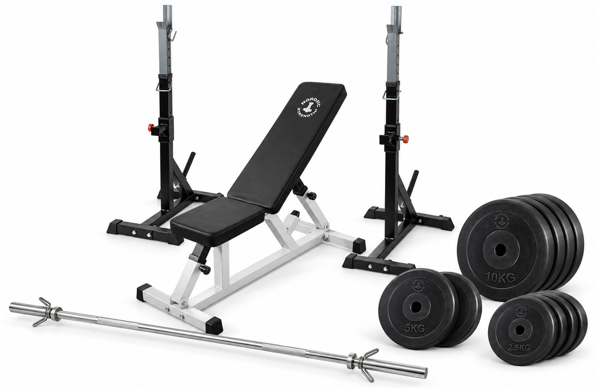 Hemgympaket med träningsbänk, squat rack och 60 kg viktskivor – 30 mm