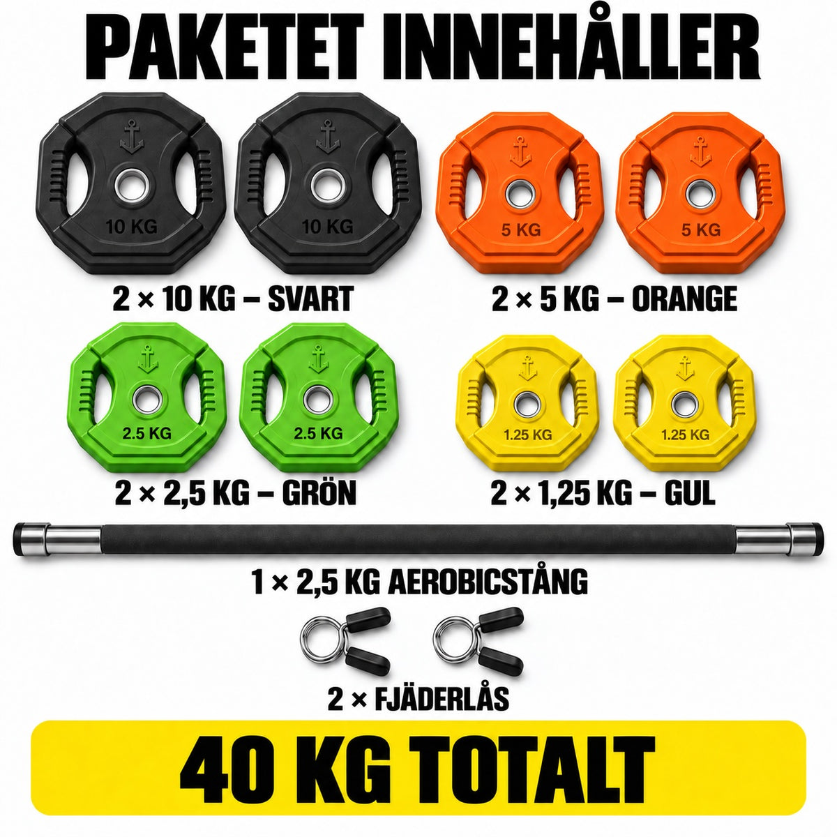 Aerobic skivstångsset 40 kg med färged och svarta viktskivor
