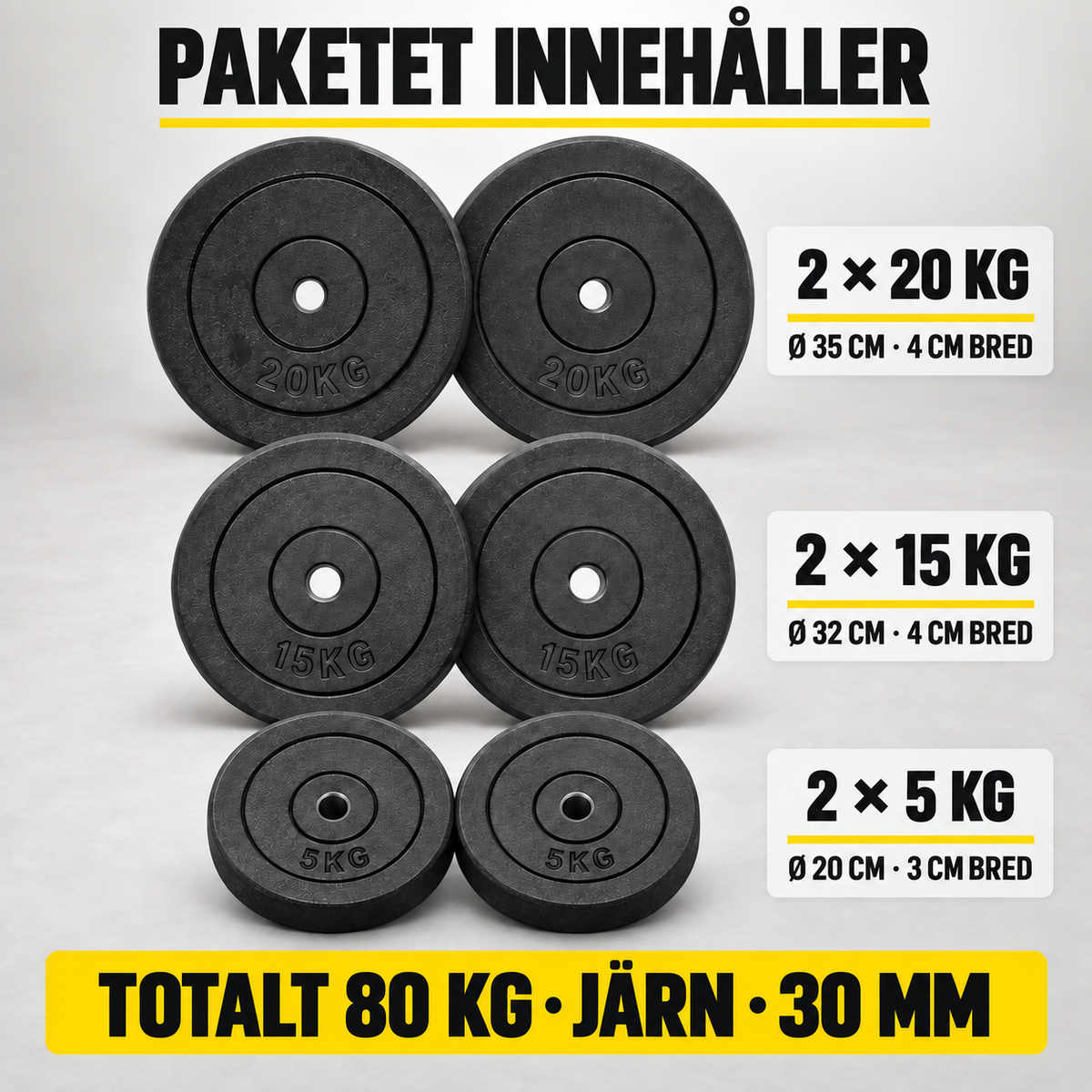 Viktskivspaket i järn 80 kg – 30 mm