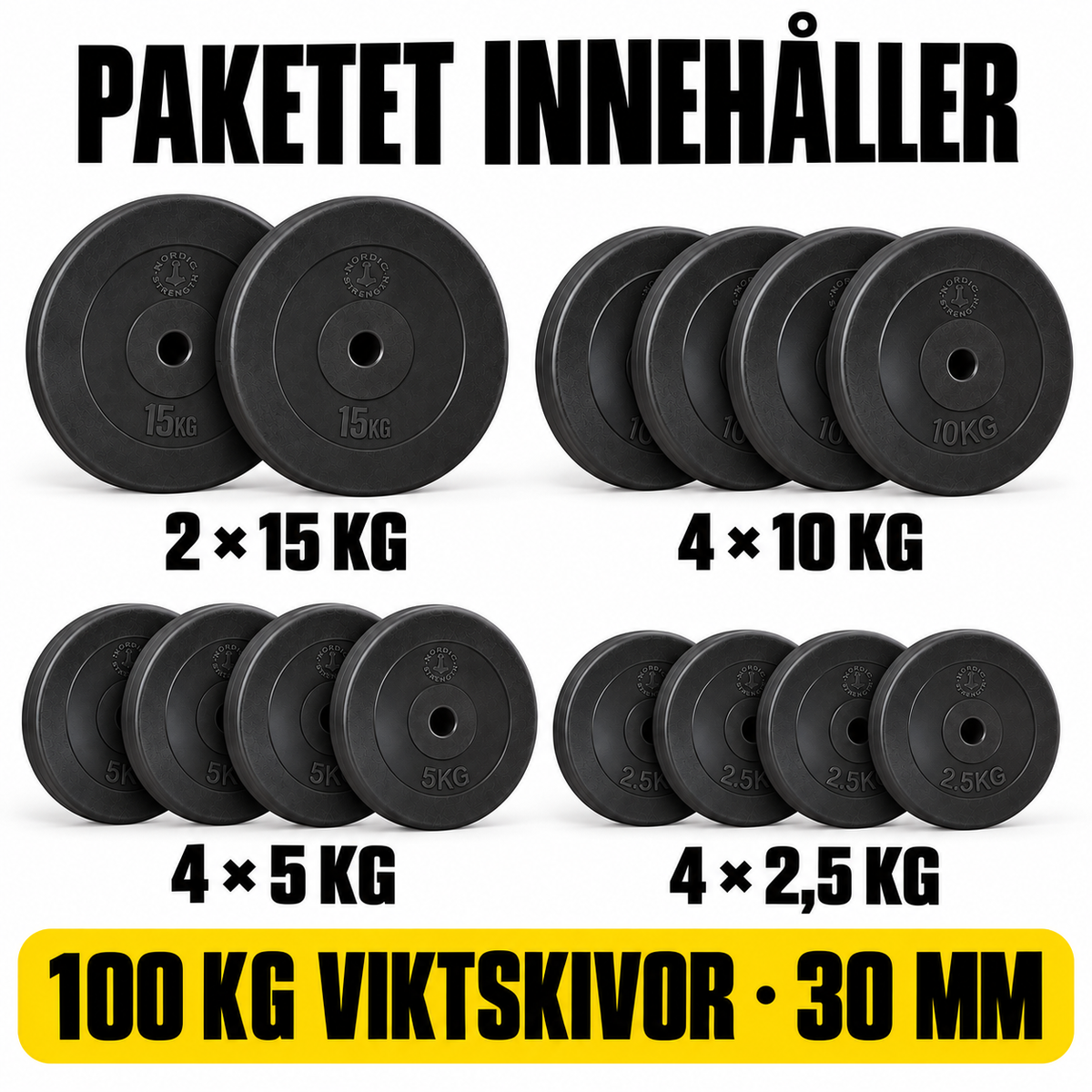 Viktskivspaket 100 kg i hårdplast | 30 mm
