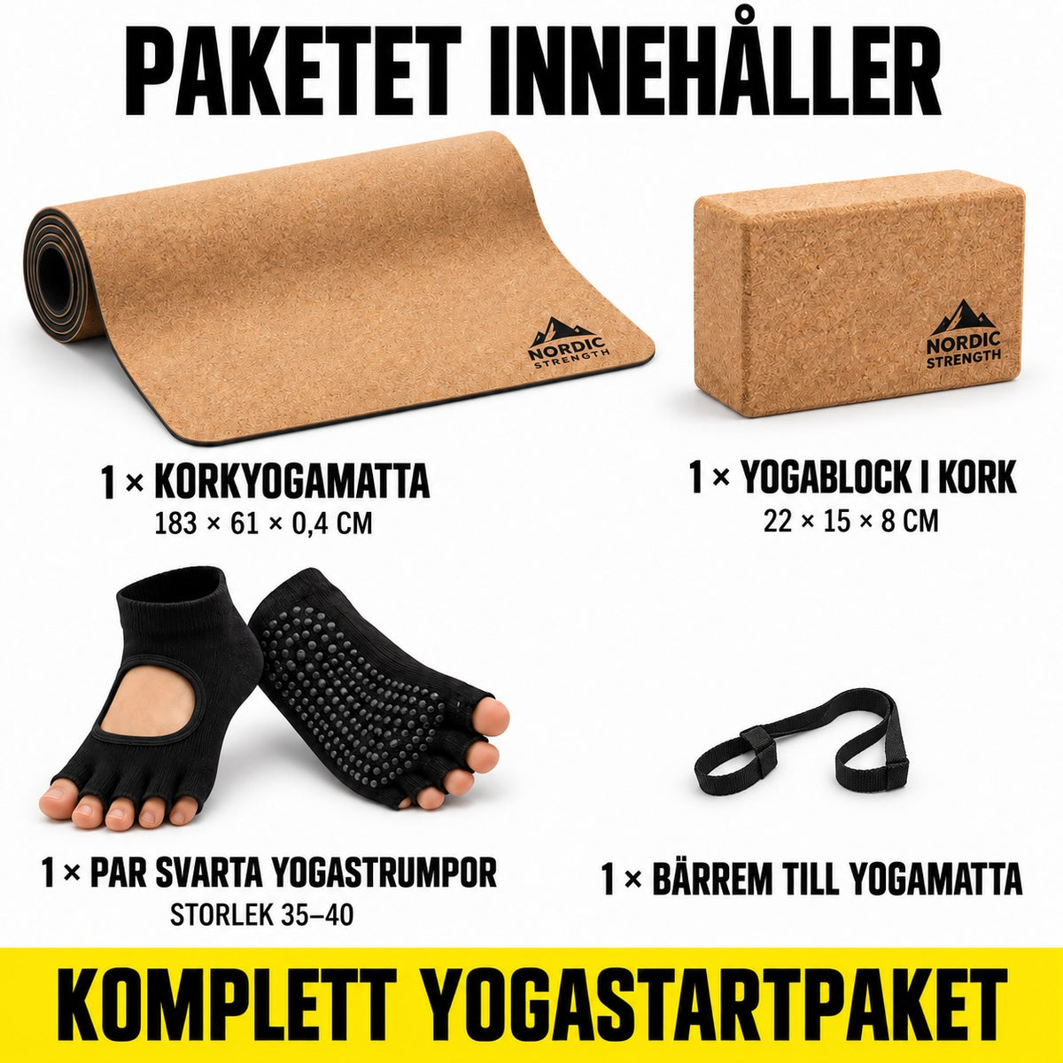 Yoga startpaket i kork med matta, block och tillbehör