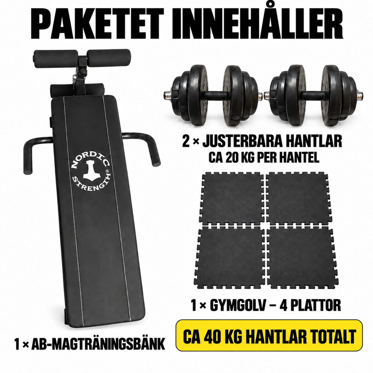 AB-magträningsbänk med hantlar 40 kg och gymgolv
