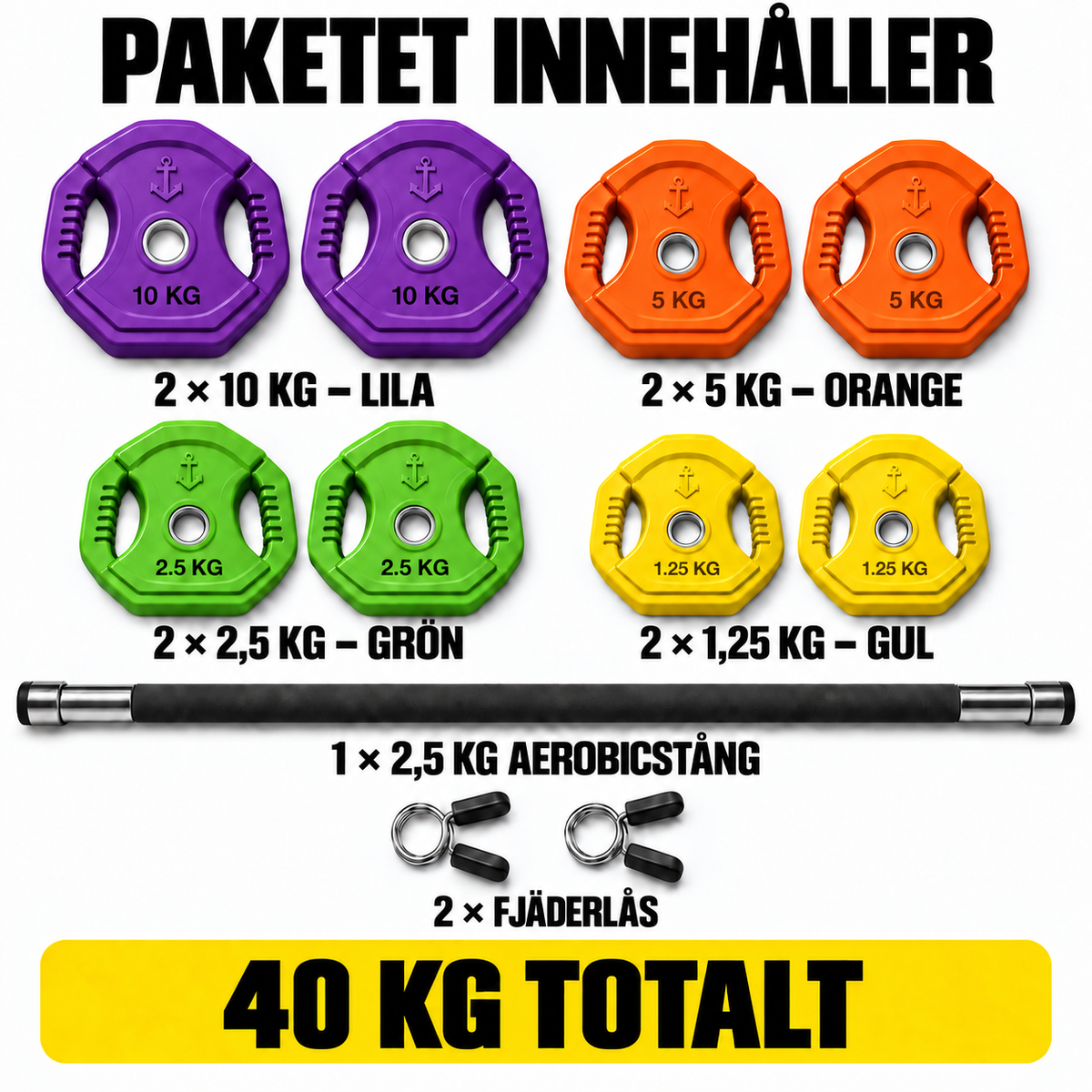 Aerobic skivstångsset 40 kg med färgad och lila viktskivor