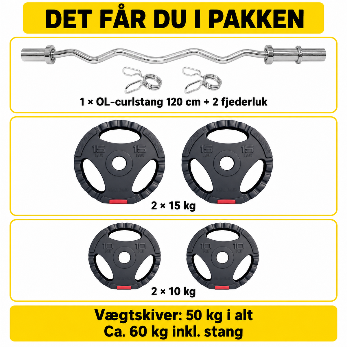 Olympiskt curlstångsset 50 mm med 50 kg vikter